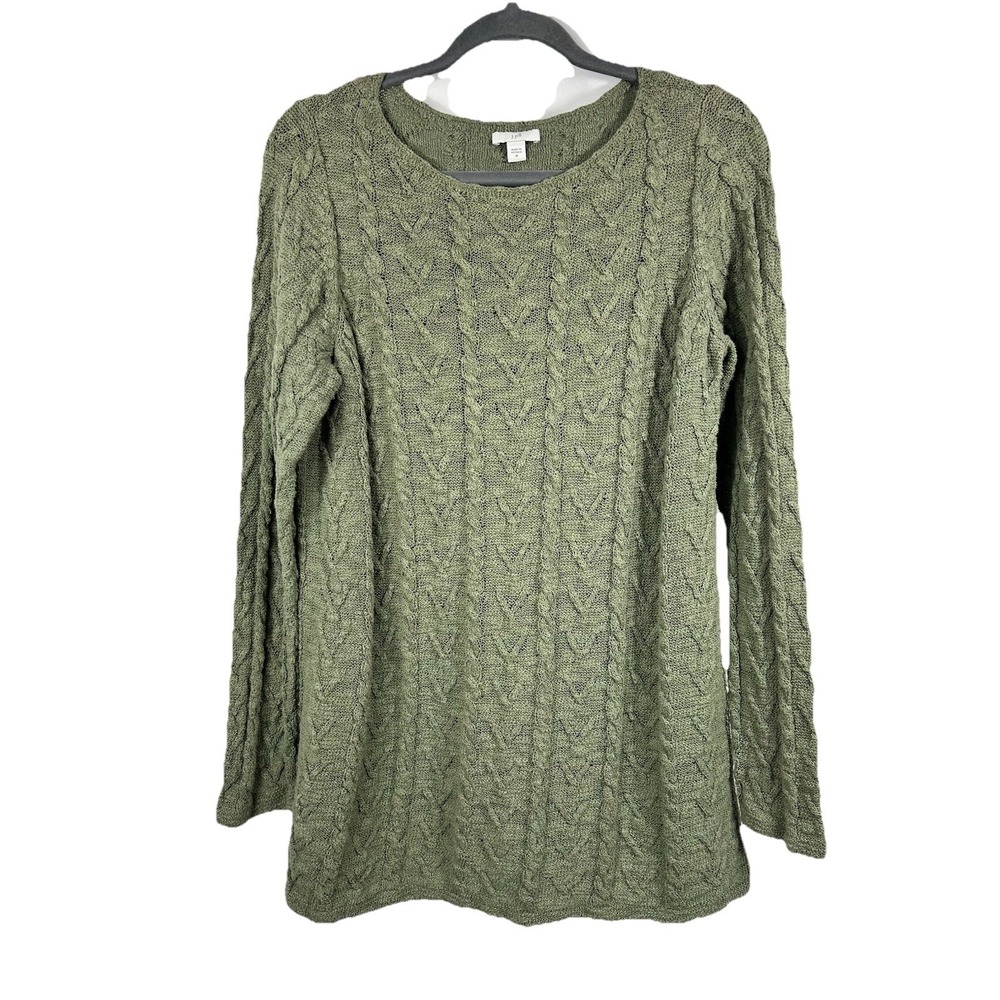 J. JILL Sage Green Cable Knit Sweater Tunic M Cotton Cottagecore Coastal Granny